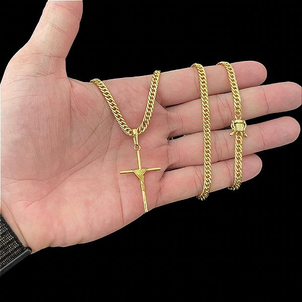 KIT LACRAIA ( 4mm- 70cm) + PINGENTE CRUZ AMARRADA - FECHO COM MARCAÇÃO 750  - BANHADO A OURO 18K.