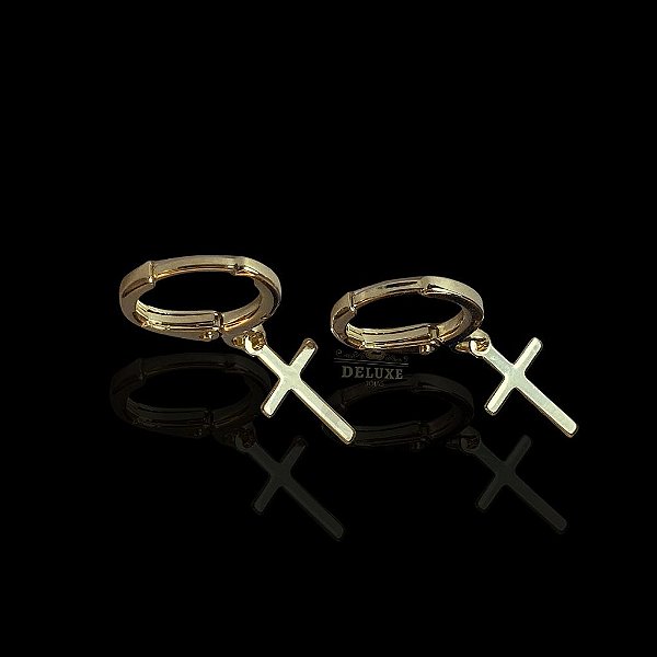 Par de Brinco Argola com Cruz Estilo Neymar 12x2mm - BANHADO A OURO 18K.
