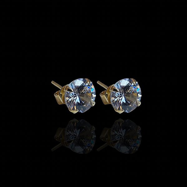 PAR DE BRINCOS SOLITÁRIO REDONDO PEDRA DE ZIRCÔNIA( 6MM) - BANHADO A OURO 18K