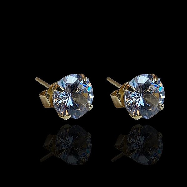 PAR DE BRINCOS SOLITÁRIO REDONDO PEDRA DE ZIRCÔNIA 10mm - BANHADO A OURO 18K