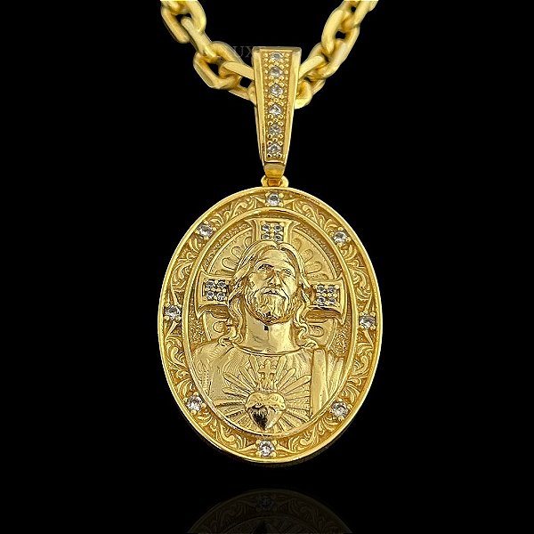 PINGENTE PINGENTE MEDALHA OVAL ROSTO DE JESUS CRISTO CRAVEJADO EM ZIRCONIA PREMIUM( 12g- 3x3cm)(G)