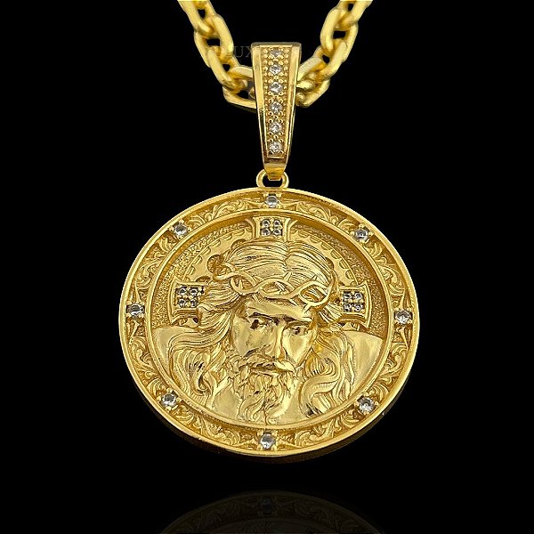 PINGENTE PINGENTE MEDALHA ROSTO DE JESUS CRISTO CRAVEJADO EM ZIRCONIA PREMIUM( 12g- 3x3cm)(G)