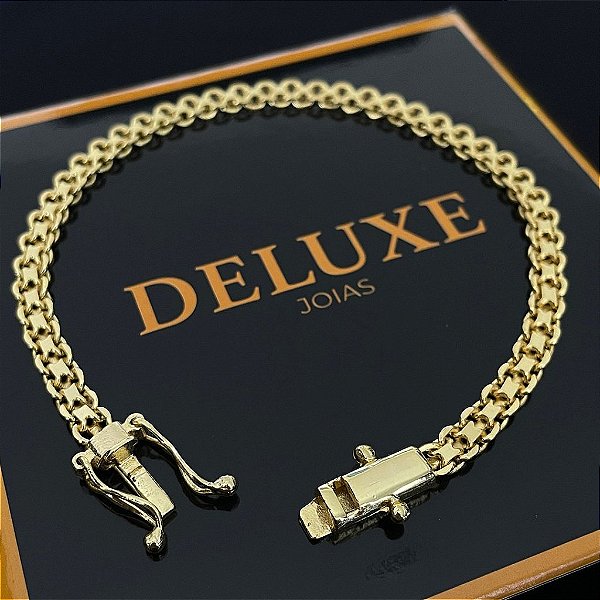 PULSEIRA CADEADO DUPLO  (5MM - 1OG - 21 CM) - FECHO COM MARCAÇÃO 750 - BANHO OURO 18K.