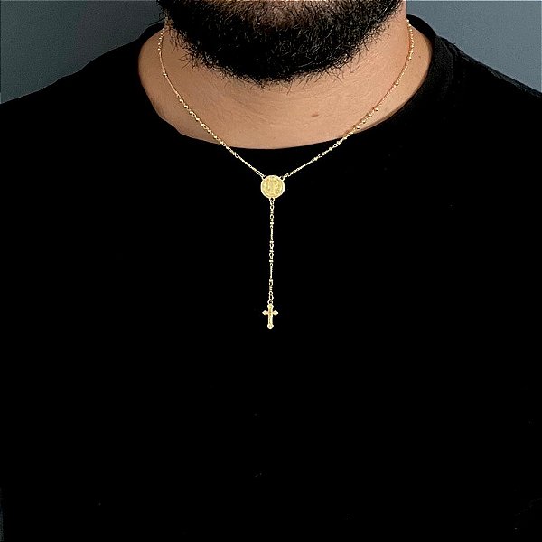 TERÇO MEDALHA SÃO BENTO 40cm (2mm - 7G) - BANHO DE OURO 18K