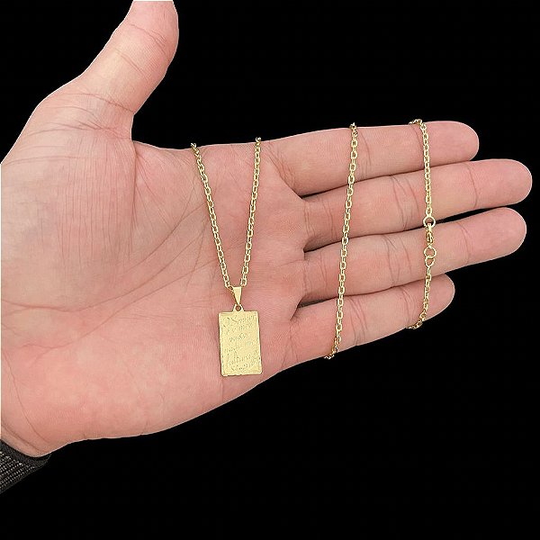 CORRENTE CADEADO FECHO TRADICIONAL (1.5MM - 60cm/ 70cm) + PINGENTE PLAQUINHA COM SALMOS  -  BANHADO A OURO 18k