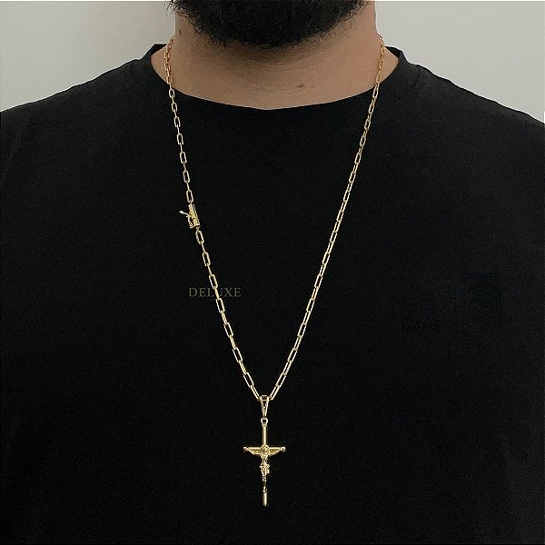 CORRENTE CARTIE FECHO CANHÃO (3MM - 60cm ou 70cm) + PINGENTE CRUCIFIXO   -  BANHADO A OURO 18k