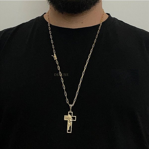 CORRENTE CARTIE FECHO CANHÃO (3MM - 60cm ou 70cm) + PINGENTE CRUZ 3D -  BANHADO A OURO 18k