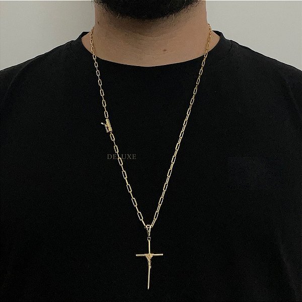 CORRENTE CARTIE FECHO CANHÃO (3MM - 60cm ou 70cm) + PINGENTE CRUZ AMARRADA -  BANHADO A OURO 18k