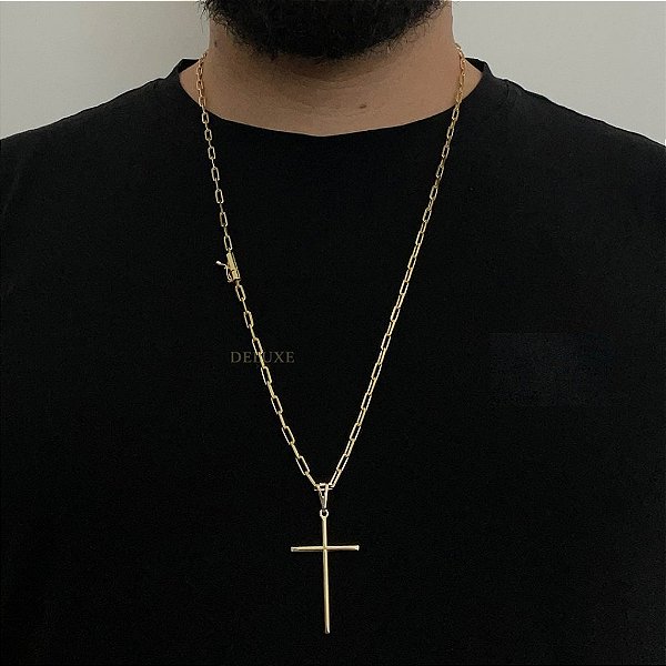 CORRENTE CARTIE FECHO CANHÃO (3MM - 60cm ou 70cm) + PINGENTE CRUZ LISA MEDIA  -  BANHADO A OURO 18k