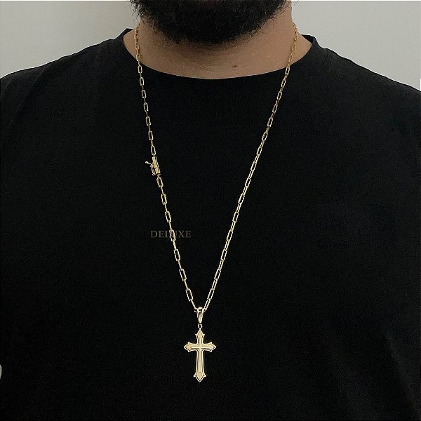 CORRENTE CARTIE FECHO CANHÃO (3MM - 60cm ou 70cm) + PINGENTE CRUZ RACIONAIS -  BANHADO A OURO 18k
