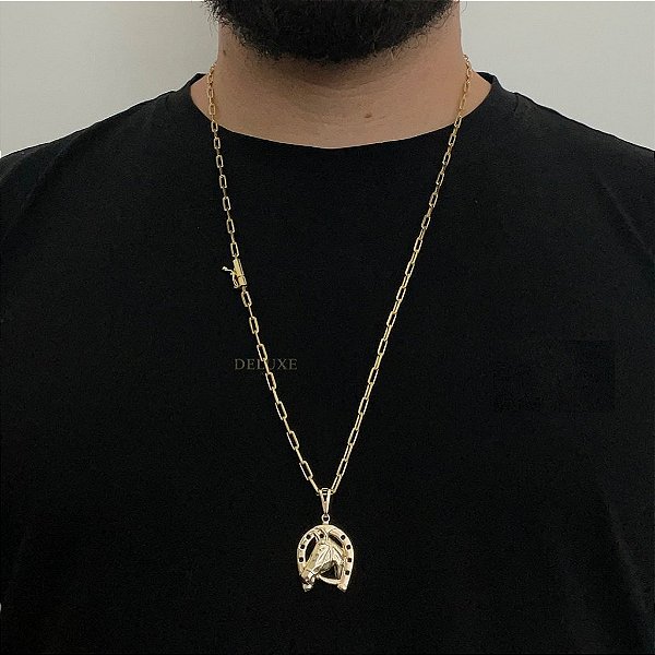 CORRENTE CARTIE FECHO CANHÃO (3MM - 60cm ou 70cm) + PINGENTE FERRADURA DE CAVALO  -  BANHADO A OURO 18k
