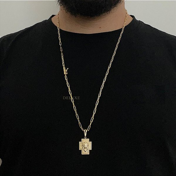 CORRENTE CARTIE FECHO CANHÃO (3MM - 60cm ou 70cm) + PINGENTE LEÃO DE JUDA CRUZ  -  BANHADO A OURO 18k