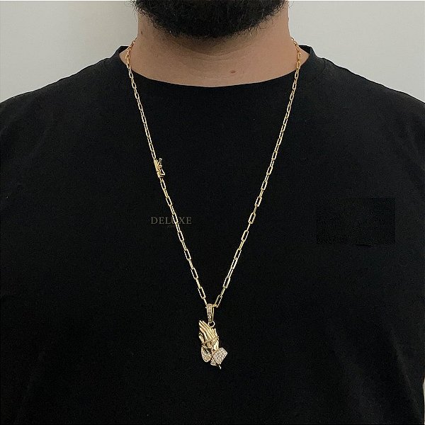 CORRENTE CARTIE FECHO CANHÃO (3MM - 60cm ou 70cm) + PINGENTE MÃO ORANDO  CRAVEJADA -  BANHADO A OURO 18k
