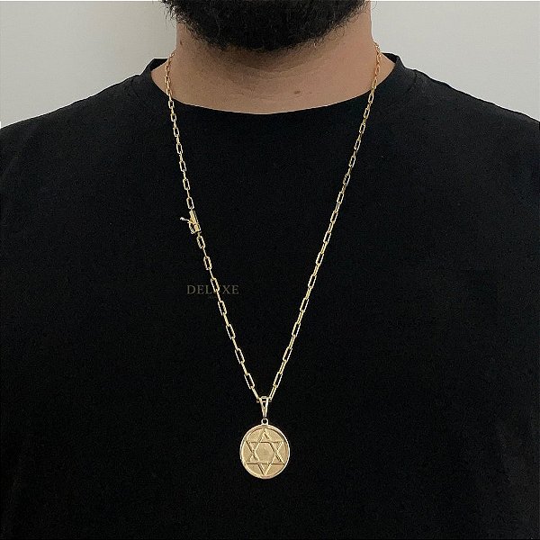 CORRENTE CARTIE FECHO CANHÃO (3MM - 60cm ou 70cm) + PINGENTE MEDALHA ESTRELA DE DAVI -  BANHADO A OURO 18k