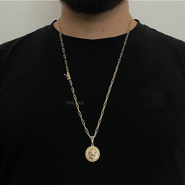 CORRENTE CARTIE FECHO CANHÃO (3MM - 60cm ou 70cm) + PINGENTE MEDALHA LEÃO DE JUDA  -  BANHADO A OURO 18k