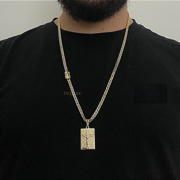 CORRENTE LACRAIA (4MM - 70cm) + PINGENTE PLACA COM CRUCIFIXO E ORAÇÃO -  FECHO COM MARCAÇÃO 750 -  BANHADO A OURO 18k