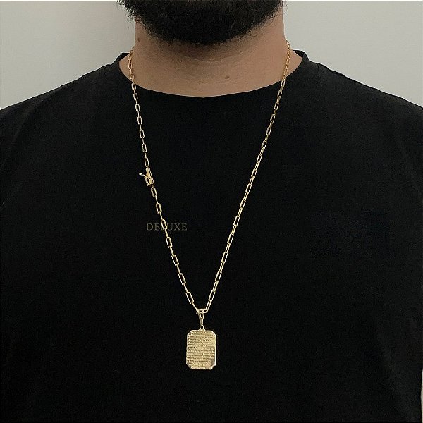 CORRENTE CARTIE FECHO CANHÃO (3MM - 60cm ou 70cm) + PINGENTE PLACA COM  ORAÇÃO -  BANHADO A OURO 18k