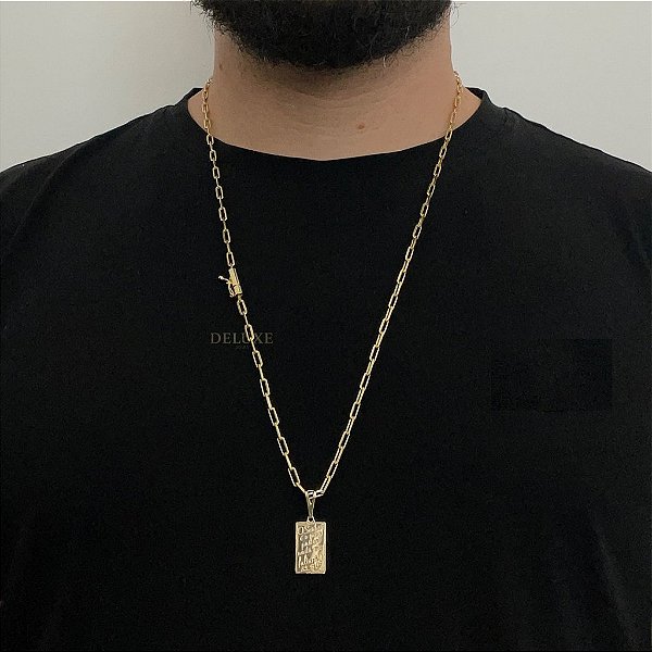 CORRENTE CARTIE FECHO CANHÃO (3MM - 60cm ou 70cm) + PINGENTE PLACA SALMOS   -  BANHADO A OURO 18k
