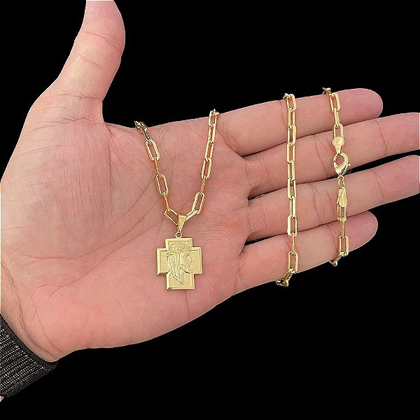 CORRENTE CARTIE FECHO TRADICIONAL (3MM - 60cm ou 70cm) + PINGENTE CRUZ COM ROSTO DE JESUS  -  BANHADO A OURO 18k
