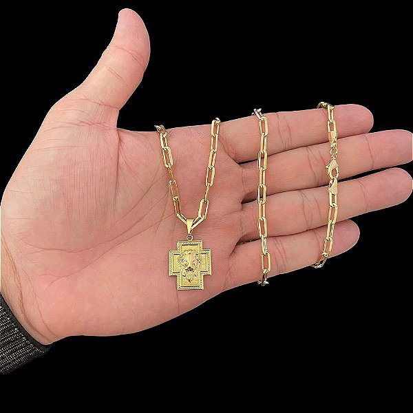CORRENTE CARTIE FECHO TRADICIONAL (3MM - 60cm ou 70cm) + PINGENTE CRUZ LEÃO DE JUDÁ  -  BANHADO A OURO 18k