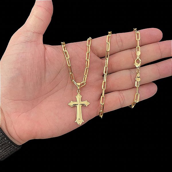 CORRENTE CARTIE FECHO TRADICIONAL (3MM - 60cm ou 70cm) + PINGENTE CRUZ RACIONAIS -  BANHADO A OURO 18k