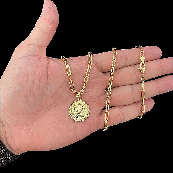 CORRENTE CARTIE FECHO TRADICIONAL (3MM - 60cm ou 70cm) + PINGENTE MEDALHA LEÃO DE JUDÁ  -  BANHADO A OURO 18k
