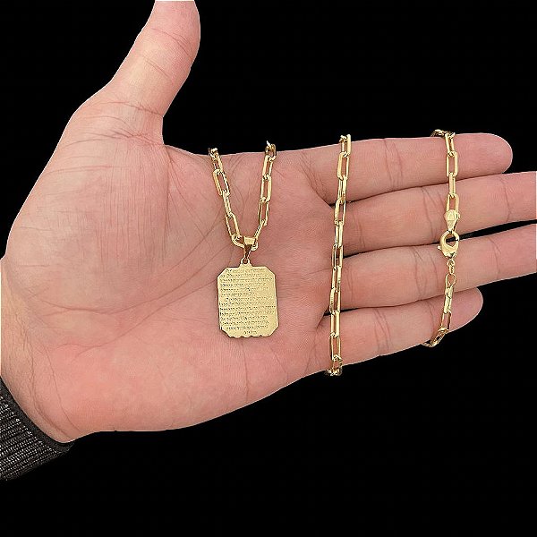 CORRENTE CARTIE FECHO TRADICIONAL (3MM- 60cm ou 70cm) + PINGENTE PLACA COM PAI NOSSO  -  BANHADO A OURO 18k