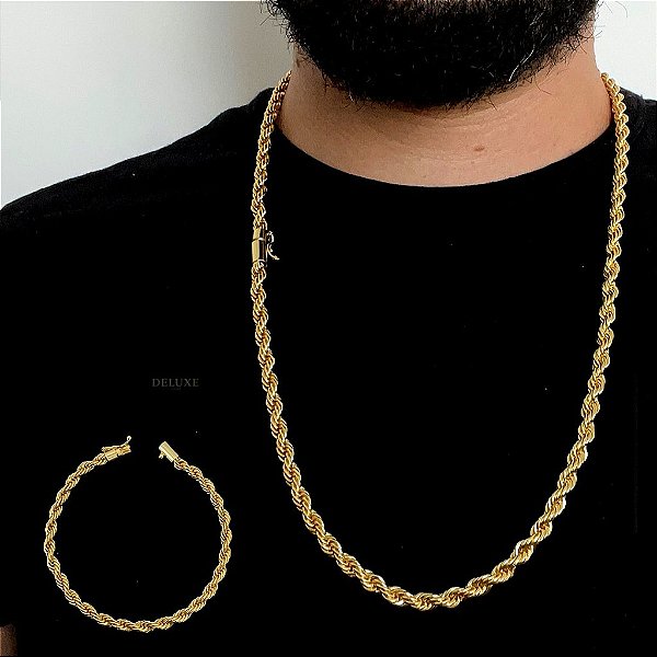 CORRENTE + PULSEIRA BAIANA  FECHO CANHÃO   (6MM-70CM) - BANHADO A OURO 18K