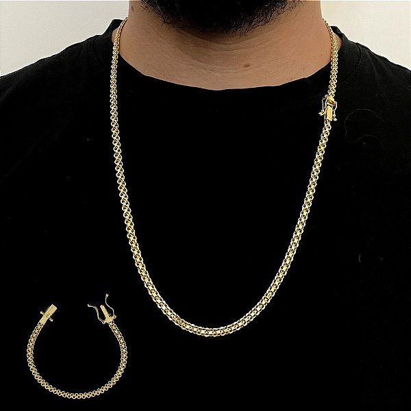 CORRENTE + PULSEIRA CADEADO DUPLO FECHO GAVETA  (5MM-70CM) - BANHADO A OURO 18K