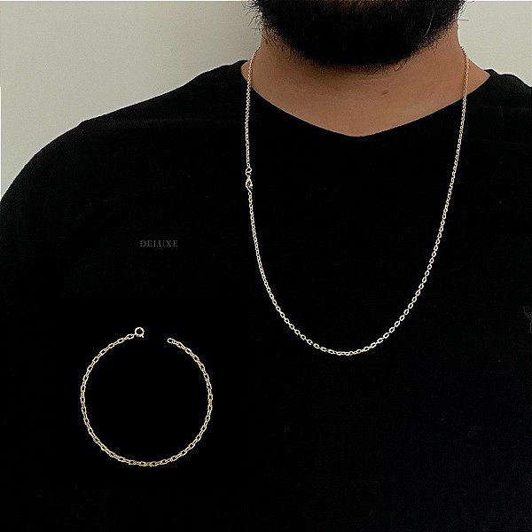 CORRENTE + PULSEIRA CADEADO   FECHO CONVENCIONAL (1.5Mm-70Cm) - BANHADO A OURO 18K