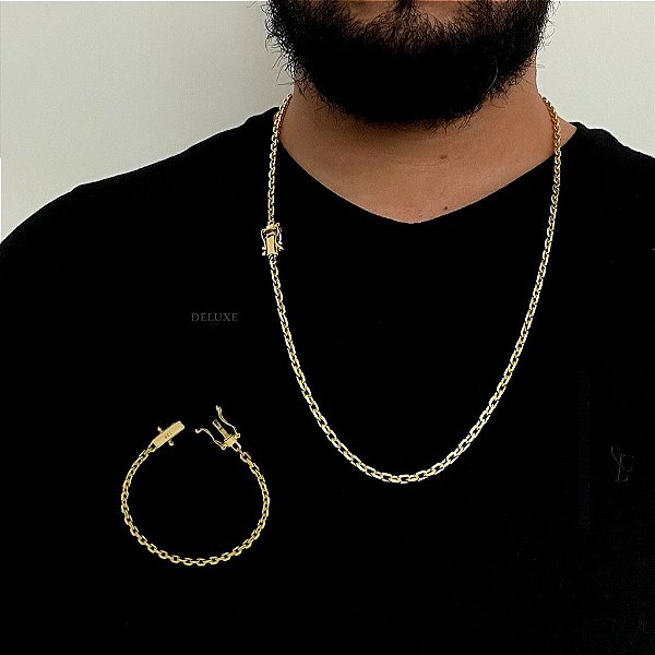 CORRENTE + PULSEIRA CADEADO  FECHO GAVETA (3mm) - BANHADO A OURO 18K