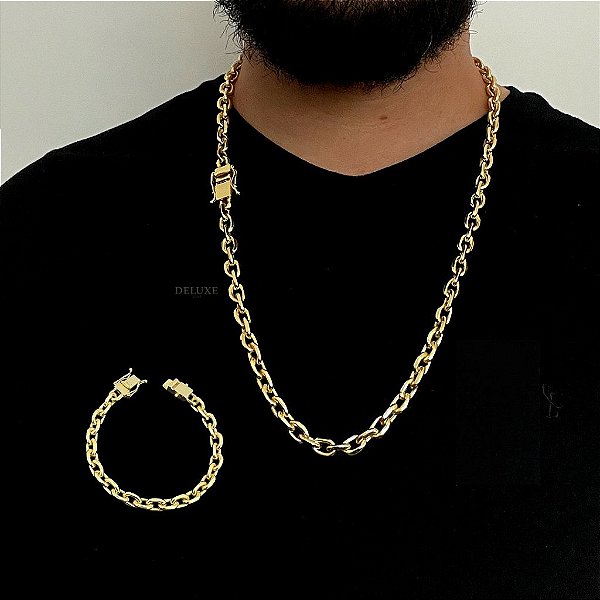 CORRENTE + PULSEIRA CADEADO  FECHO GAVETA  (8MM-70CM) - BANHADO A OURO 18K