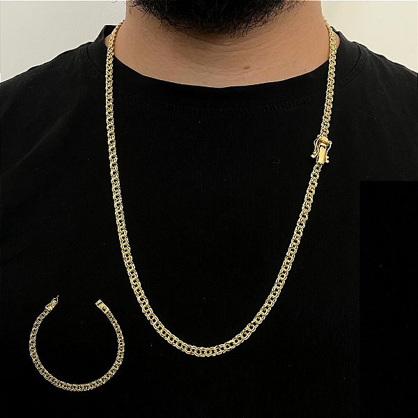 CORRENTE + PULSEIRA FRISO DUPLO FECHO GAVETA  (5mm) - BANHADO A OURO 18K