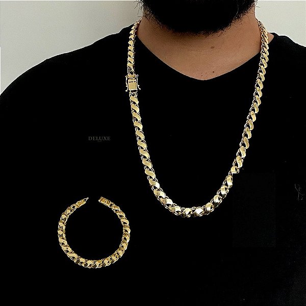 CORRENTE + PULSEIRA FRISO S DUPLA FACE FECHO GAVETA (8mm) - BANHADO A OURO 18K