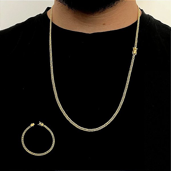 CORRENTE + PULSEIRA LACRAIA  FECHO GAVETA (2MM-70CM) - 22G - BANHADO A OURO 18K