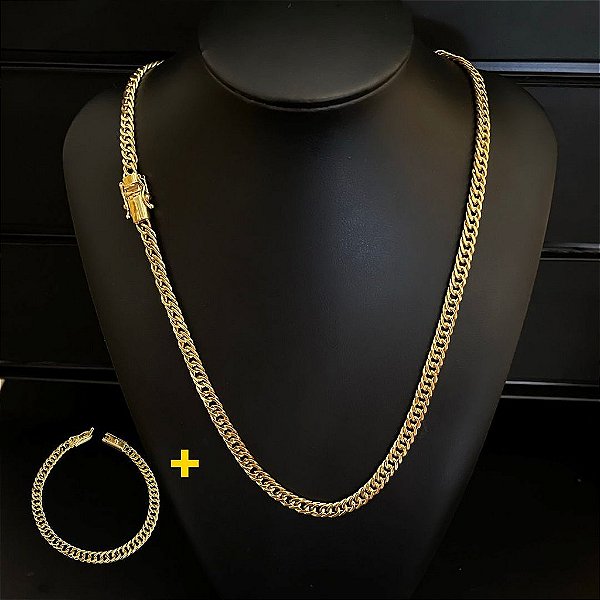 CORRENTE + PULSEIRA LACRAIA  FECHO GAVETA   (7MM -70CM) BANHADO A OURO 18K
