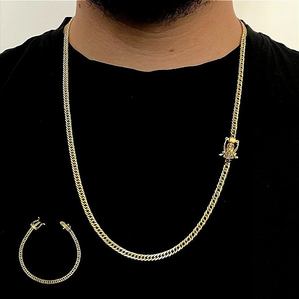 CORRENTE + PULSEIRA LACRAIA FECHO GAVETA  COM NOSSA SENHORA CRAVEJADA  (4mm) - BANHADO A OURO 18K