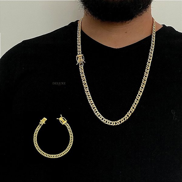 CORRENTE + PULSEIRA LACRAIA FECHO GAVETA  COM NOSSA SENHORA CRAVEJADA  (7mm -70CM)-  46G - BANHADO A OURO 18K