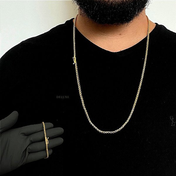 CORRENTE PERUANA  FECHO CANHÃO (3mm-70cm) + PULSEIRA PERUANA  FECHO CANHÃO (3mm-20cm) - BANHADO A OURO 18K