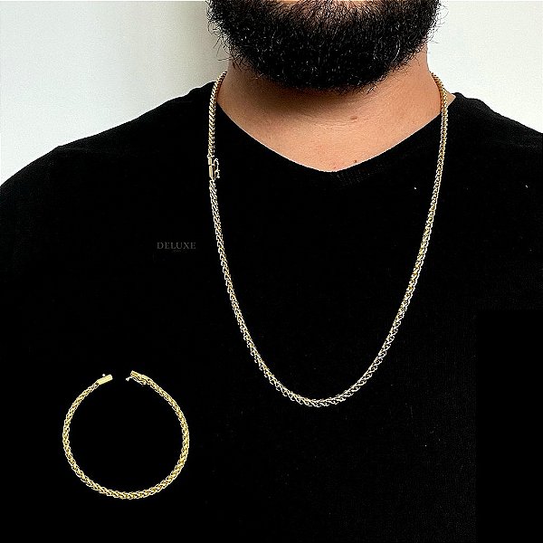 CORRENTE + PULSEIRA PERUANA  FECHO CANHÃO ( 70cm-5mm) - BANHADO A OURO 18K