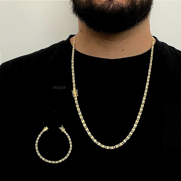 CORRENTE PIASTRINE FECHO GAVETA (4mm - 70cm)  + PULSEIRA PIASTRINE FECHO GAVETA (4mm - 20cm) - FECHO COM MARCAÇÃO 750 -  BANHADO A OURO 18K