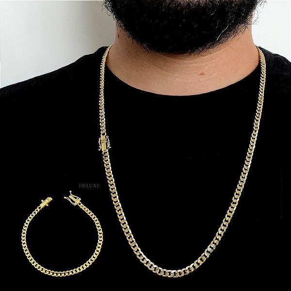 CORRENTE + PULSEIRA PITBULL FECHO GAVETA (4mm- 70cm)  - BANHADO A OURO 18K