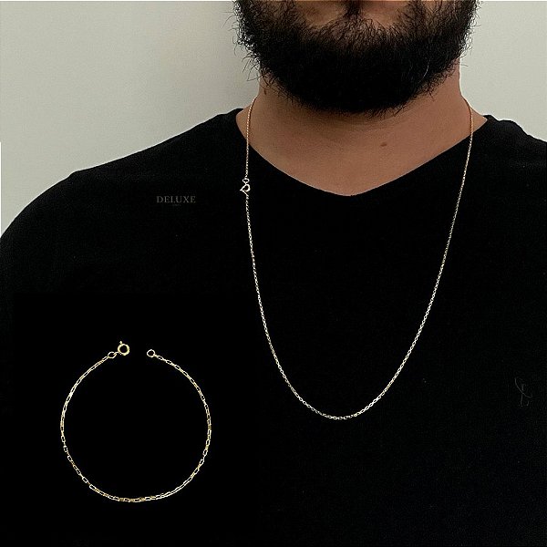 CORRENTE TIJOLINHO FECHO BOIA (1.5mm- 70cm)  + PULSEIRA TIJOLINHO FECHO BOIA (1.5mm- 20cm) - BANHADO A OURO 18K