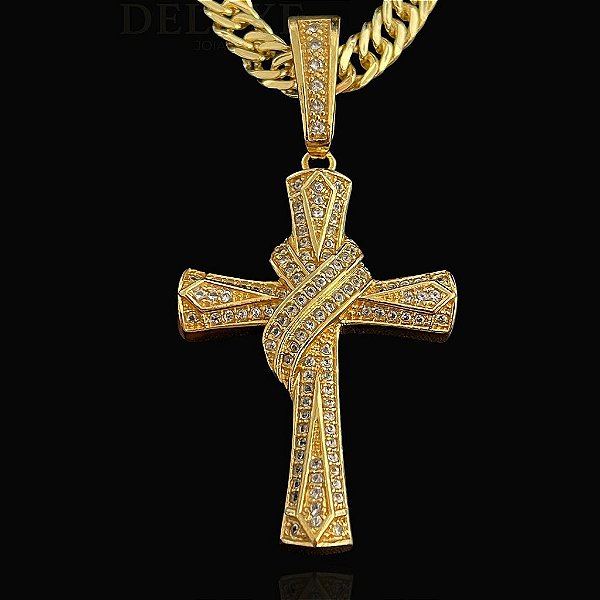 PINGENTE CRUZ AMARRADA  CRAVEJADA EM ZIRCÔNIA PREMIUM G( 12g- 3x3cm)