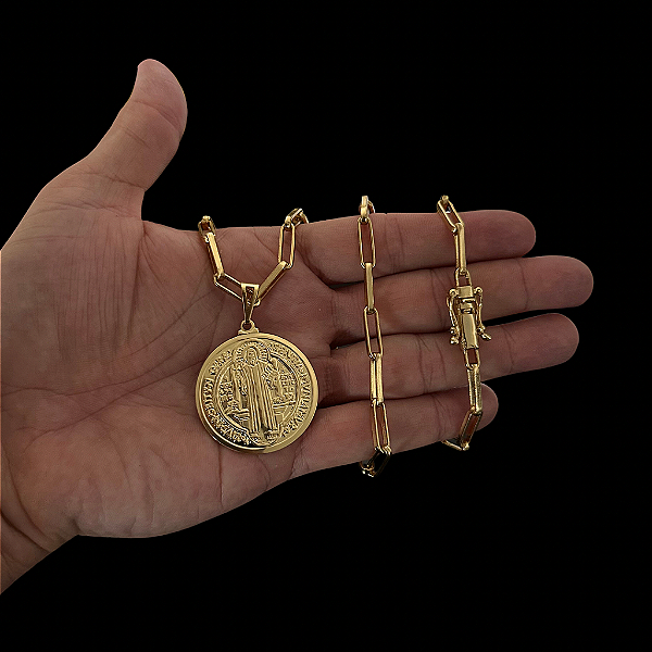 CORRENTE TIJOLINHO ALONGADO ( 70cm- 5mm) + PINGENTE MEDALHA SÃO BENTO DUPLA FACE M - BANHADO A OURO 18K