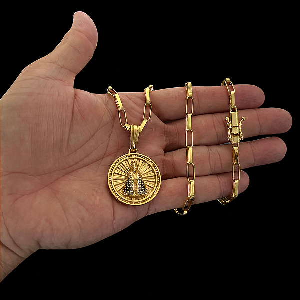 CORRENTE CARTIE TIJOLINHO  ( 70cm- 5mm) + PINGENTE MEDALHA NOSSA SENHORA CRAVEJADA M - BANHADO A OURO 18K