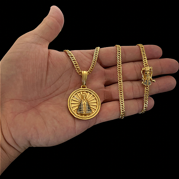 CORRENTE LACRAIA COM FECHO NOSSA SENHORA  ( 70cm- 4mm) + PINGENTE MEDALHA NOSSA SENHORA CRAVEJADA M - FECHO COM MARCAÇÃO 750 - BANHADO A OURO 18K