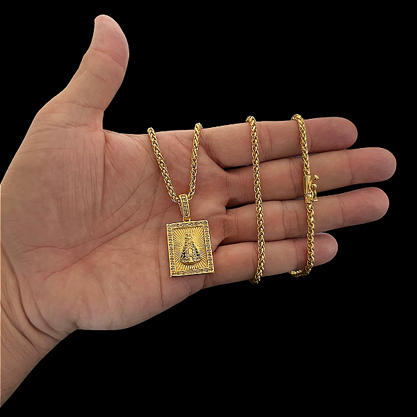 CORRENTE PERUANA  ( 70cm- 3mm) + PINGENTE PLAQUINHA NOSSA SENHORA CRAVEJADA M - BANHADO A OURO 18K