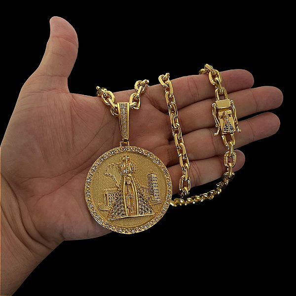 CORRENTE CADEADO COM FECHO NOSSA SENHORA  ( 70cm- 10mm) + PINGENTE MEDALHA NOSSA SENHORA CRAVEJADA  G - BANHADO A OURO 18K
