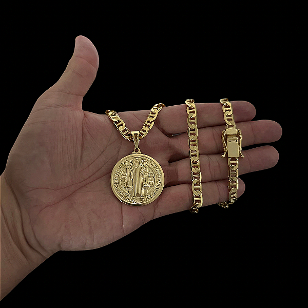 CORRENTE PIASTRINE  ( 70cm- 7mm) + PINGENTE  SÃO BENTO  G - FECHO COM MARCAÇÃO 750 - BANHADO A OURO 18K